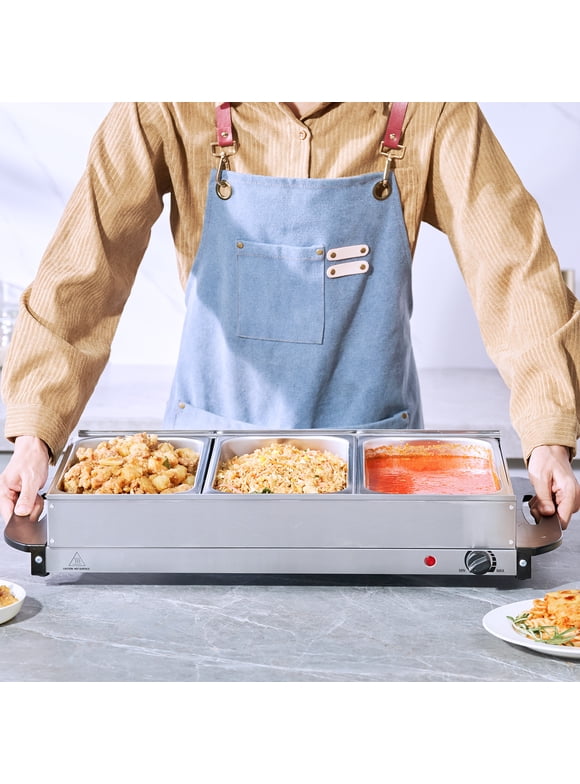 VEVOR 25.6" x 15" Electric Food Buffet Server, Buffet Server Food Warmer with 3 Stainless Steel Warming Pan, Warm Tray for Buffet, Electric Food Warm Tray