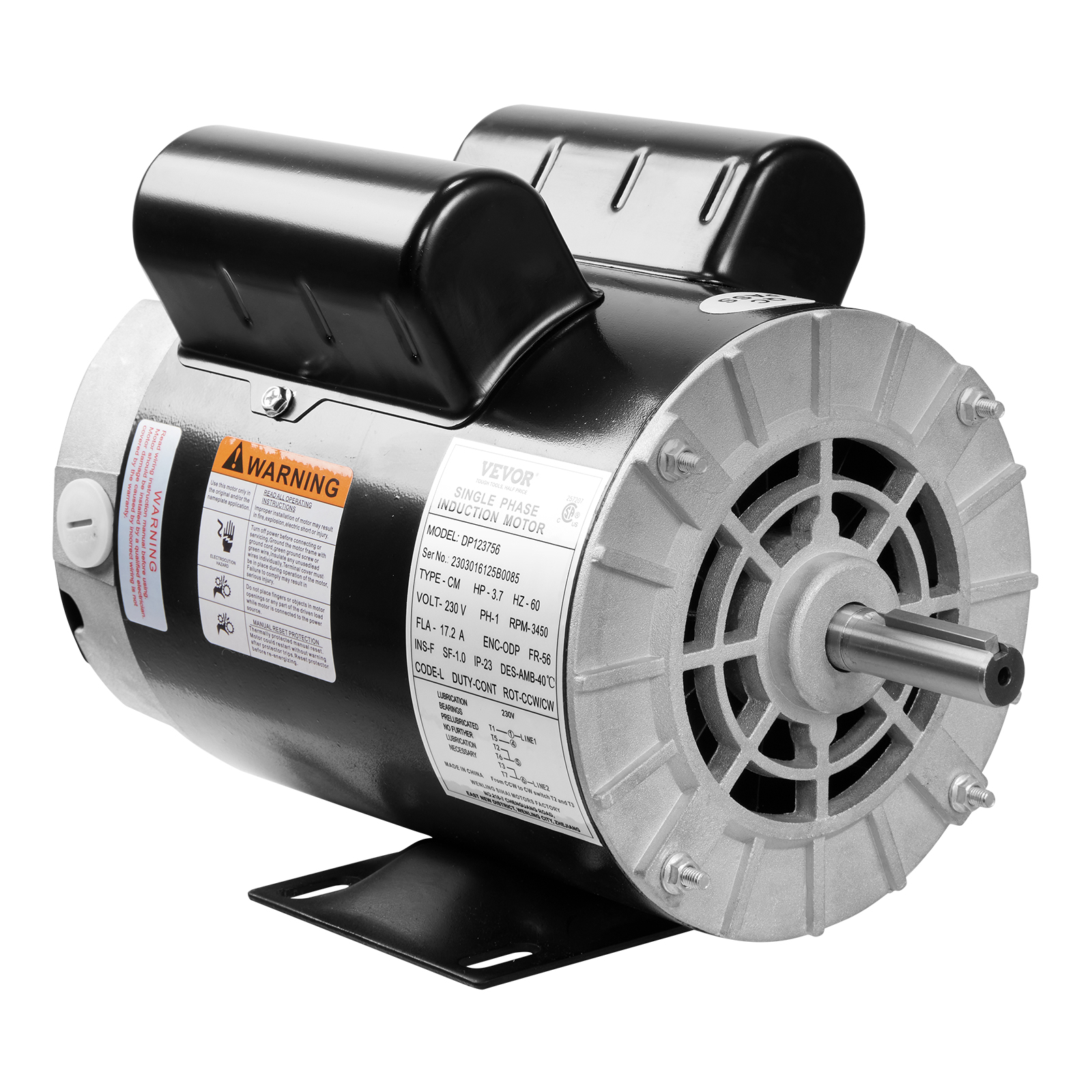 BENTISM 3.7HP Air Compressor Electric Motor, 230V 17.2Amps, 56 Frame 3450RPM, 5/8" Keyed Shaft, CW/CCW Rotation, 1.88" Shaft Length for Air Compressors Has Obtained CSA Certification - image 1 of 9