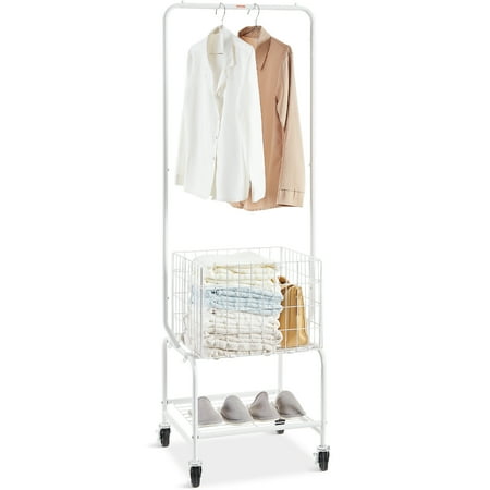 VEVOR 3 Tier Rolling Laundry Cart Laundry Butler with 4 Wheels Basket Storage Cart Hanging Rack Clothes Rack Bathroom White