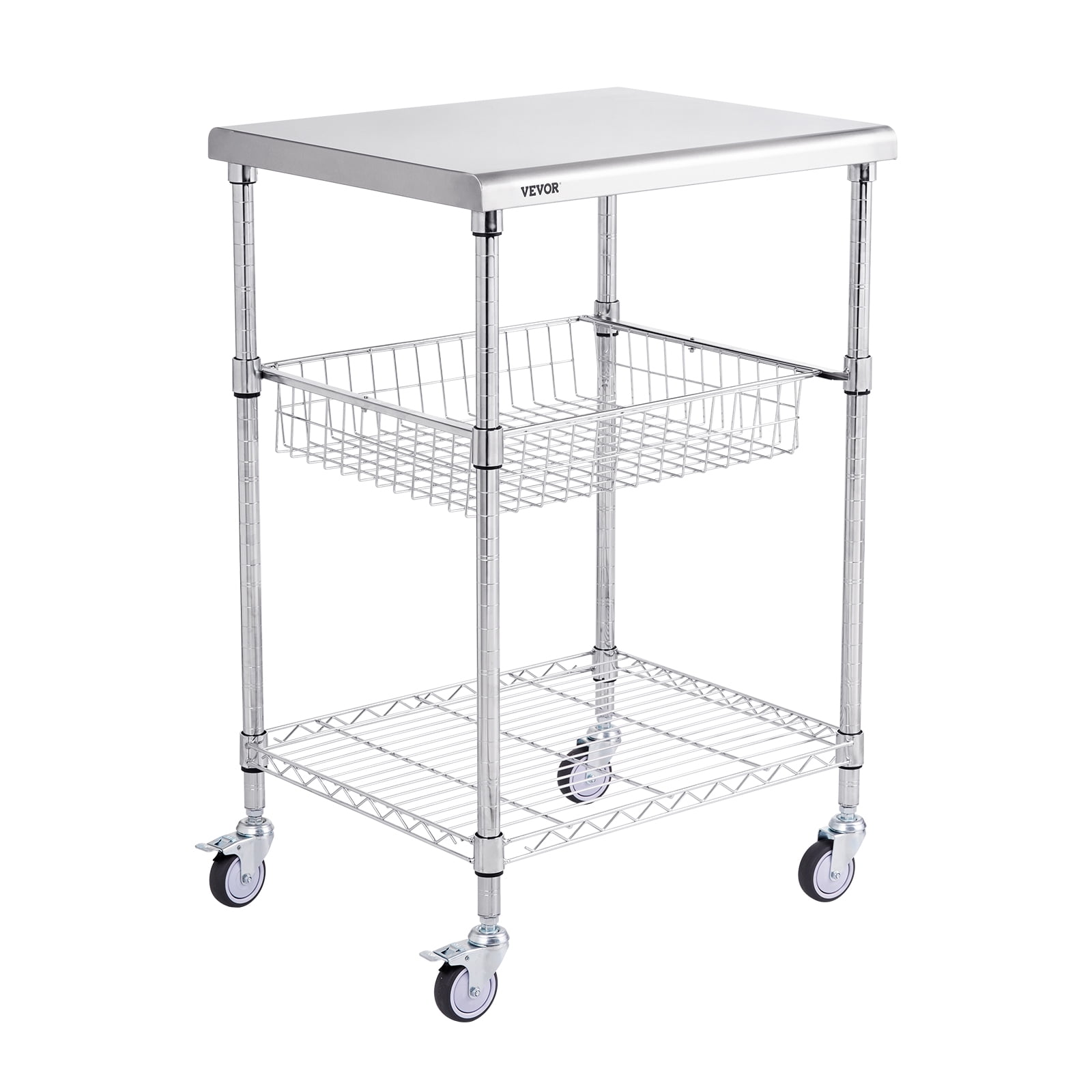 Silver 3-Tier Steel Utility Cart with Adjustable Shelves and Wheels