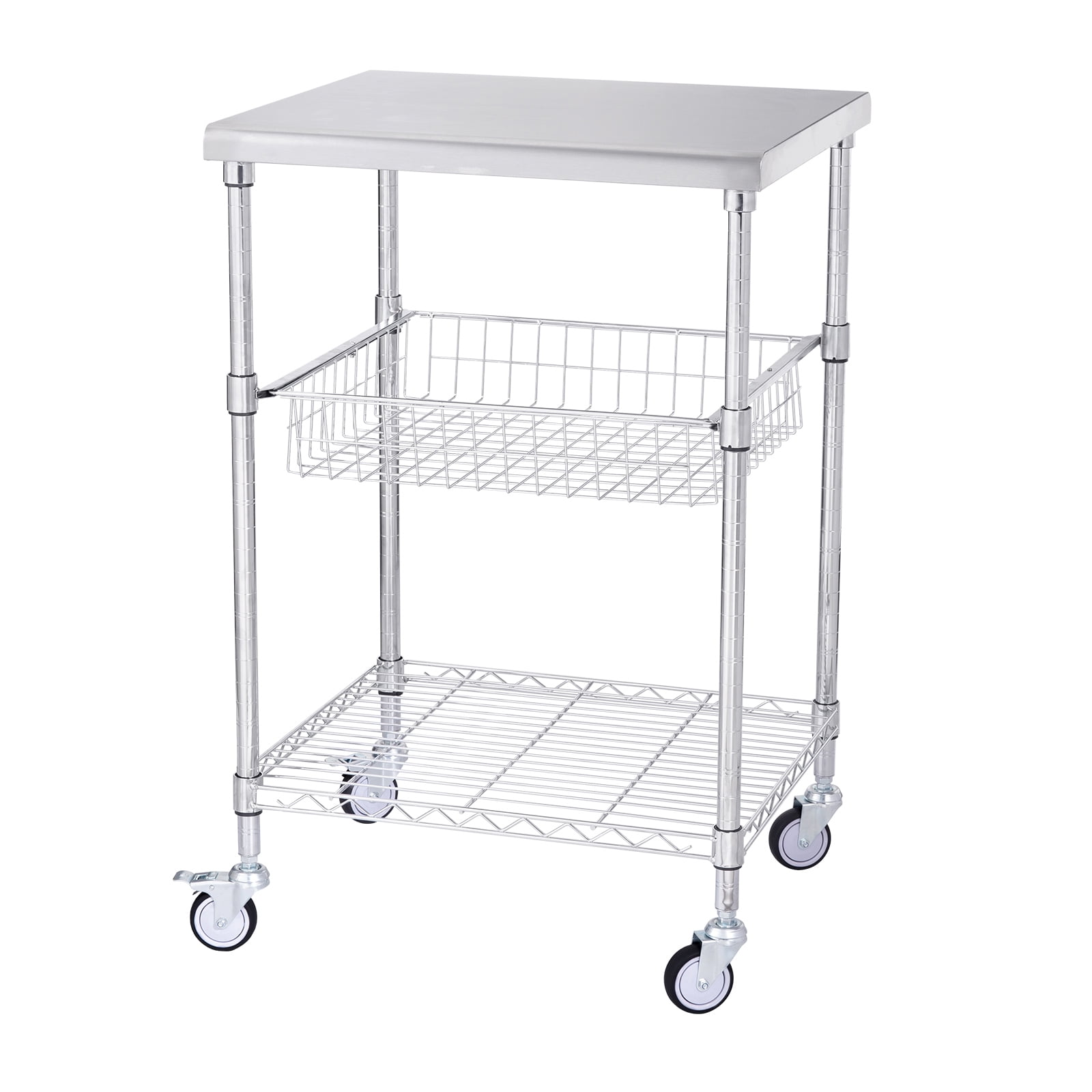 Silver 3-Tier Steel Utility Cart with Adjustable Shelves and Wheels