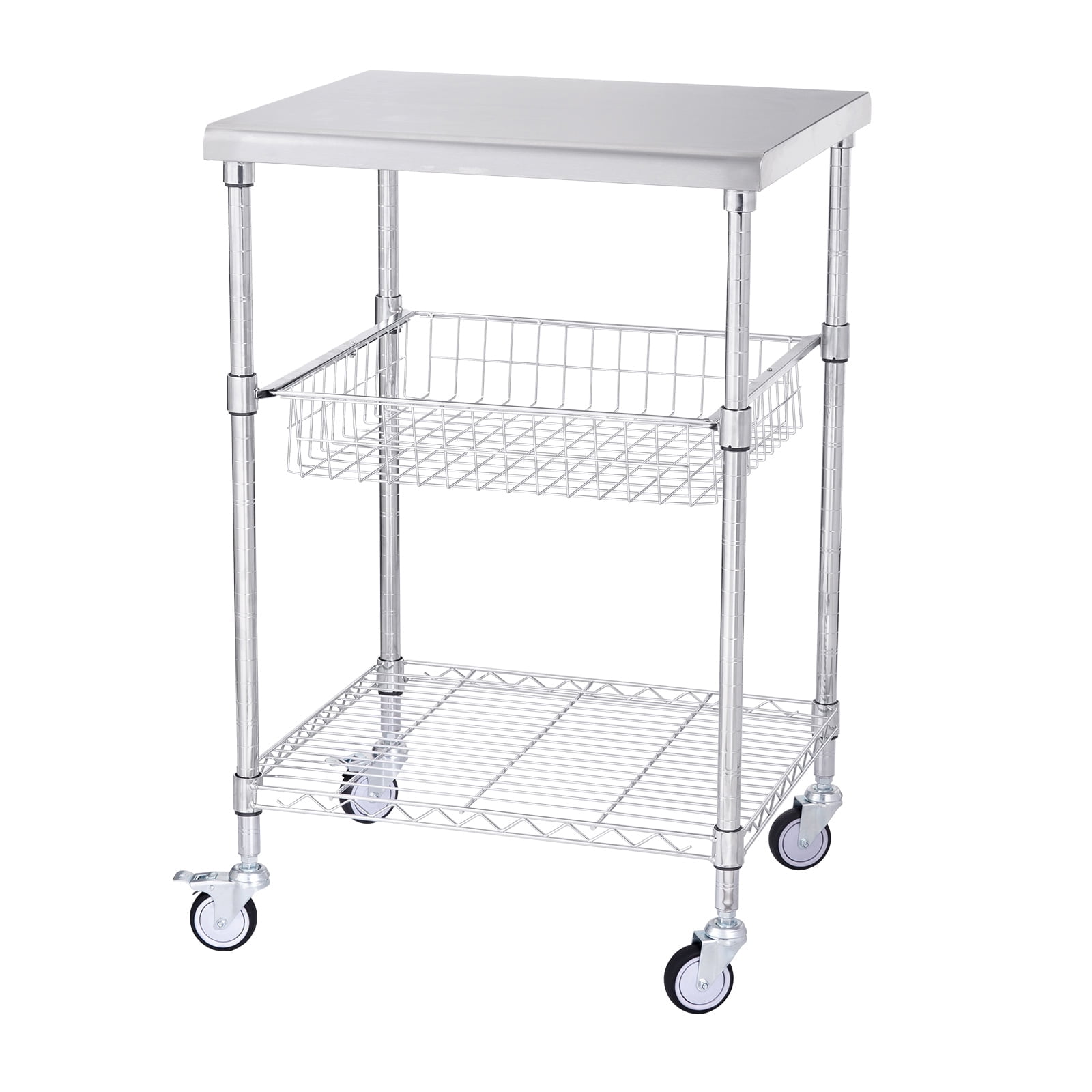 VEVOR Kitchen Utility Cart,3 Tiers, Wire Rolling Cart with 470LBS Capacity,Steel Service Cart on Wheels, Metal Storage Trolley with 76mm Basket Curved Handle PP Liner 6 Hooks, for Indoor and Outdoor