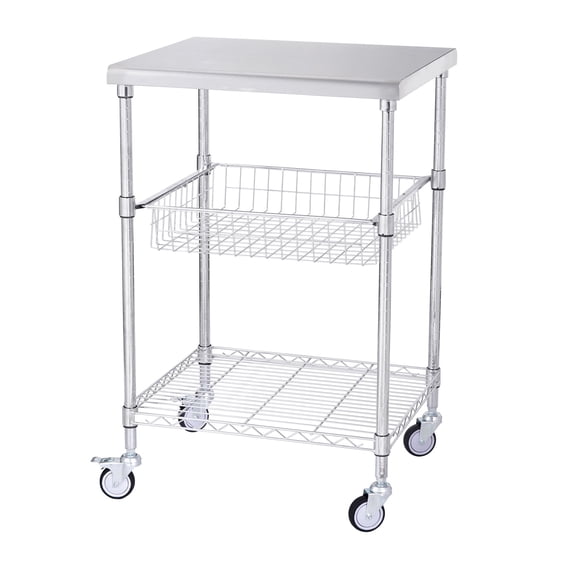 VEVOR Kitchen Utility Cart,3 Tiers, Wire Rolling Cart with 470LBS Capacity,Steel Service Cart on Wheels, Metal Storage Trolley with 76mm Basket Curved Handle PP Liner 6 Hooks, for Indoor and Outdoor