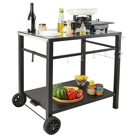 VEVOR 33.5 x 21.7" Outdoor Grill Dining Cart with Iron Tabletop, 2 Tier Outdoor BBQ Mobile Grill Cart Food Preparation , Portable Modular Carts for Pizza Oven