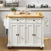 BENTISM 35.4 Kitchen Island on Wheels Cart Rubber Solid Wood Countertop Rolling Storage Cabinet with 2 Drawers & Spice Rack & Towel Holder, White