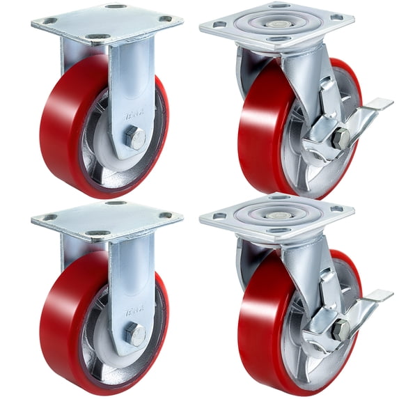 VEVOR 4 Pack 6" Heavy Duty Caster Wheels 2 Rigid and 2 Swivel Casters with Side Brake Polyurethane Iron Core Plate 1000LBS Capacity Per Wheel
