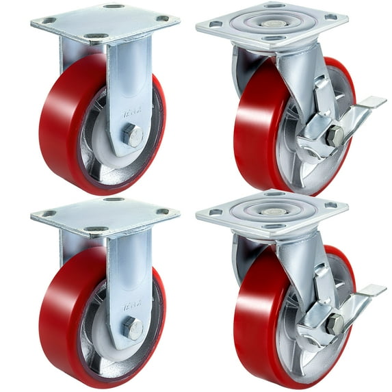 VEVOR 4 Pack Swivel Caster Polyurethane 6" x 2" on Steel Wheel Brake (2) Rigid (2)