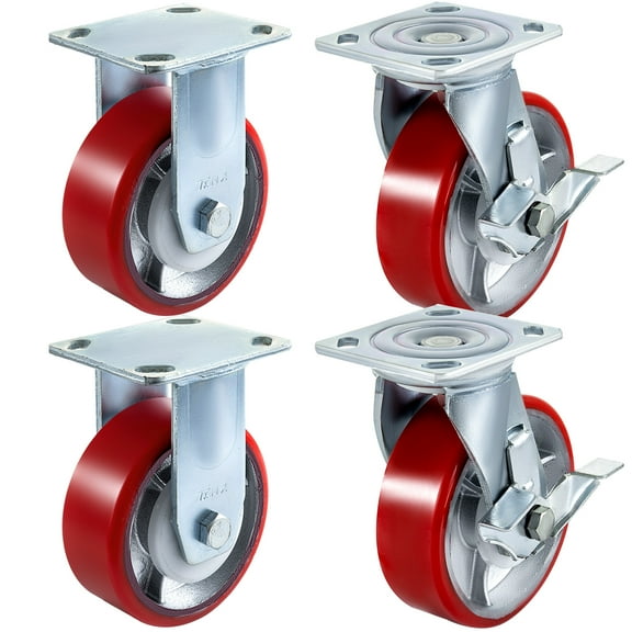 VEVOR 4 Pack Swivel Caster Polyurethane 6" x 2" on Steel Wheel Brake (2) Rigid (2)