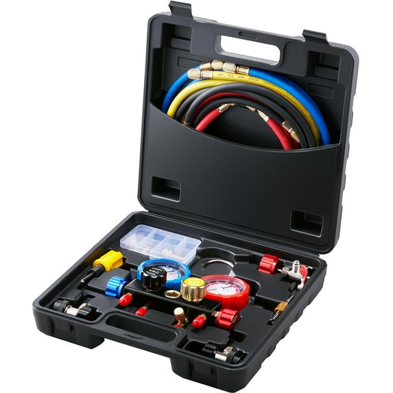 VEVOR 4-Way AC Manifold Gauge Set Fit R134A R22 R12 R502 Refrigeration Charging with Portable Case 4PCS Hoses for Air-Conditioning Refrigerator Maintenance