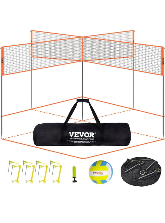 BENTISM 4-Way Volleyball Net ,Four Square Badminton Net Adjustable Heights- Backyard & Beach Game Set w/ Volleyball Ball & Carry Bag & Pump for Adults Kids, Quick Assemble