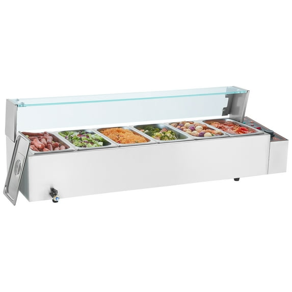 VEVOR 6-Pan Bain Marie Food Warmer 6-inch Deep, 1500W Electric Countertop Food Warmer 42 Quartz with Tempered Glass Shield with 6 Lids and 2 Ladles