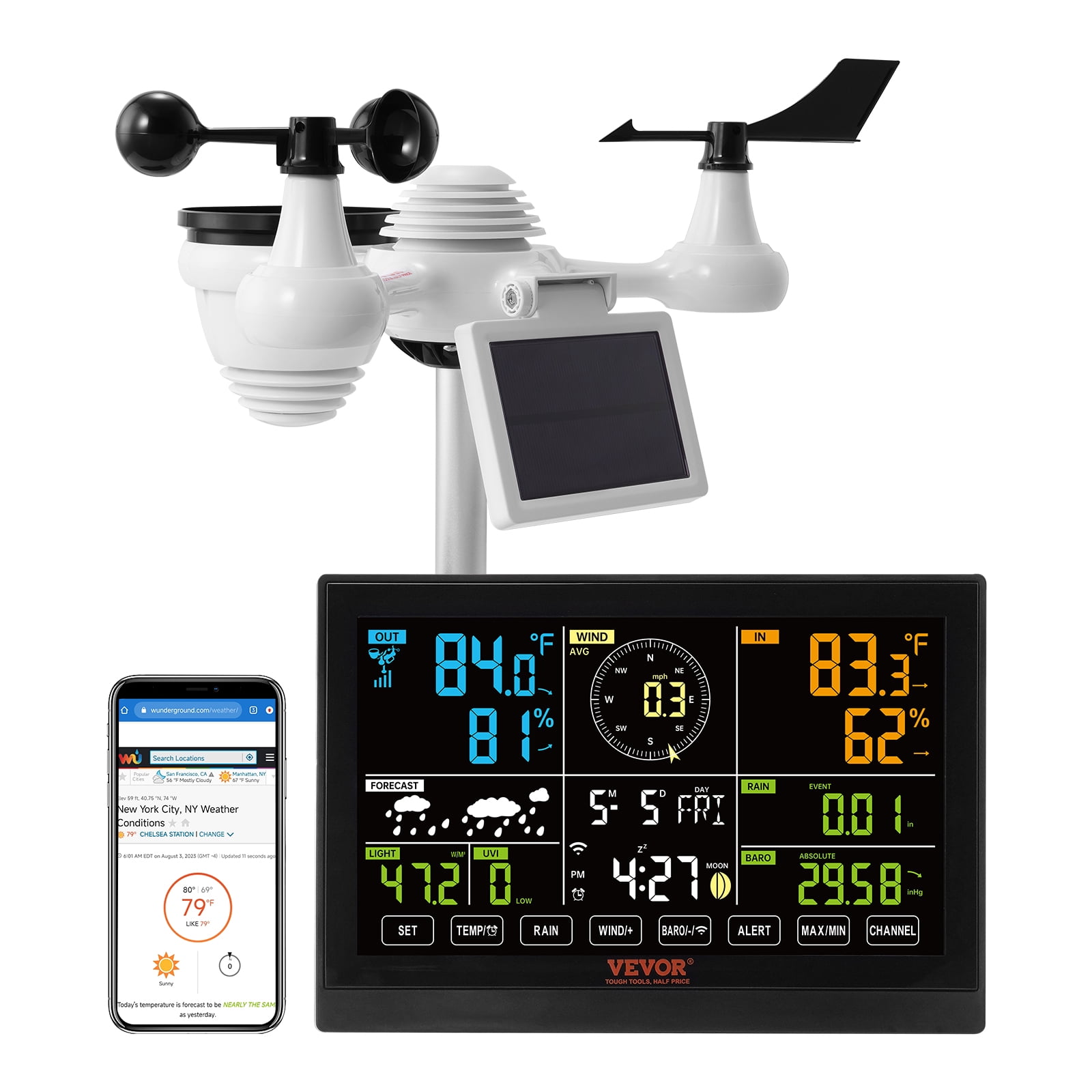 BENTISM 7 in 1 Wi-Fi Wireless Weather Station, for Indoor and Outdoor Temperature and Humidity, Wind Speed/Direction, Rainfall, with Built-in Barometer and 7.5in Digital Color Display
