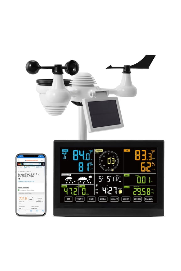 7 in 1 Wi-Fi Wireless Weather Station, for Indoor and Outdoor Temperature and Humidity, Wind Speed/Direction, Rainfall, with Built-in Barometer and 7.5in Digital Color Display