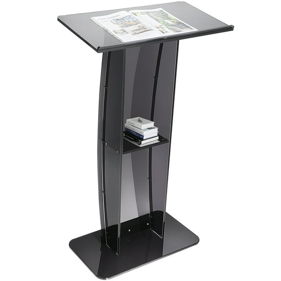 VEVOR Acrylic Podium Acrylic Pulpit 47" Acrylic Podium Stand w/ Wide Reading Surface Storage Shelf Floor-Standing Plexiglass Lectern Stand-Up Podium Conference Lectern for Church Office School Black