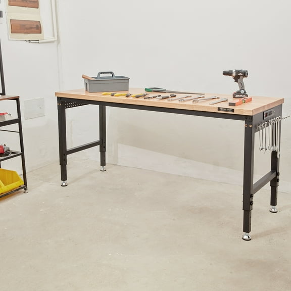 VEVOR Adjustable 28-39.5" Heights Workbench, 72" L X 25" W Garage Worktable with Universal Wheels, 3000 LBS Load Capacity, with Power Outlets