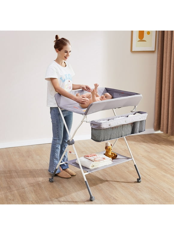 BENTISM Baby Changing Table Folding Diaper Changing Station with Lockable Wheels