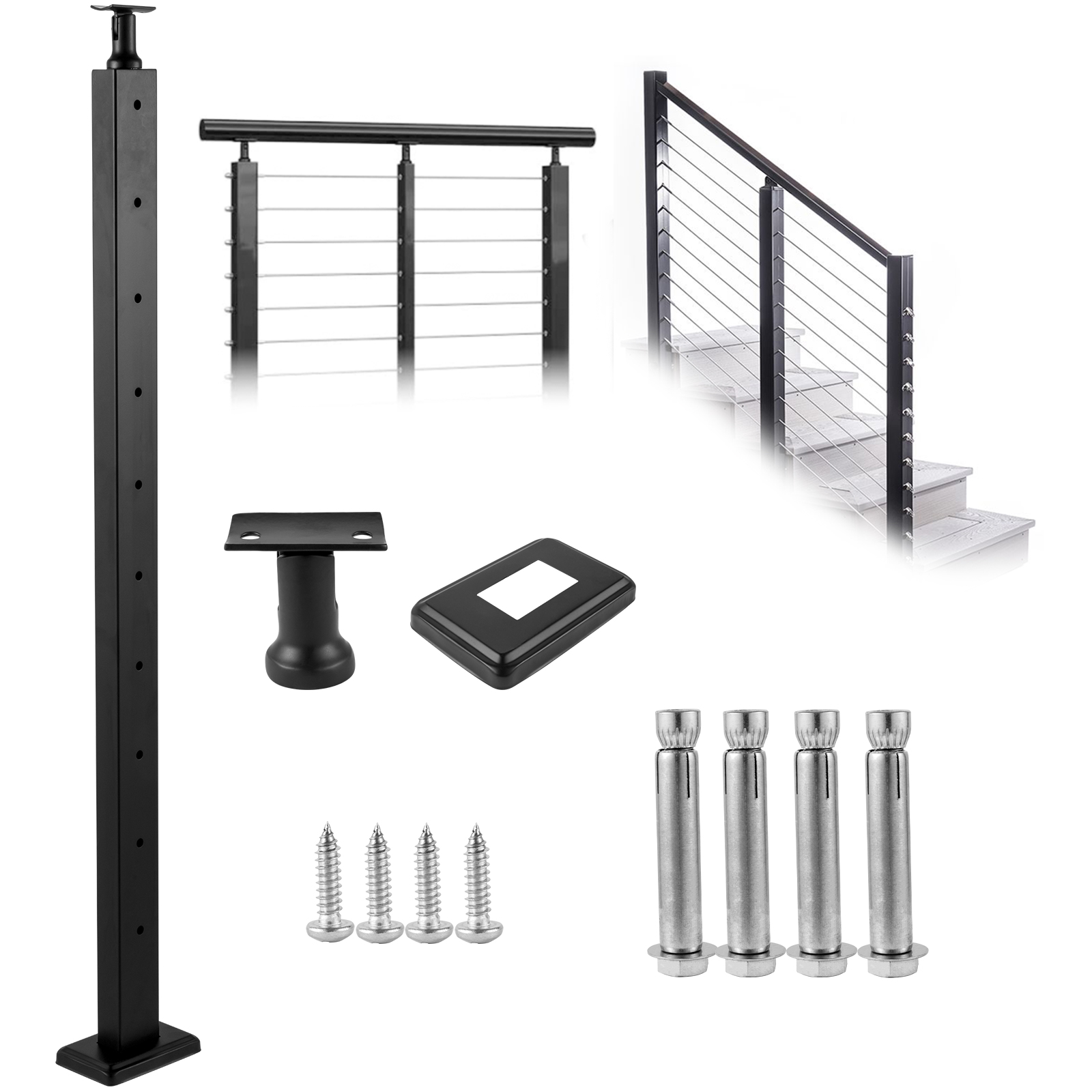 VAHIGCY Railing Kit 4PCS Lines Post Black Stair Railing System Kit Flat