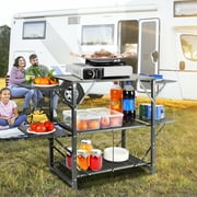 BENTISM Camping Kitchen Table Folding Portable Cook Station 5 Tables & 2 Shelves