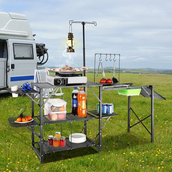 VEVOR Camping Kitchen Table Folding Portable Cook Station Tables Shelves &A Sink