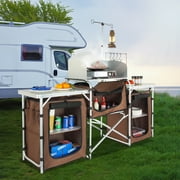 VEVOR Camping Kitchen Table Folding Portable Cook Table 3 Cupboards Brown