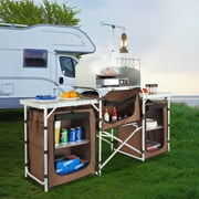 BENTISM Camping Kitchen Table Folding Portable Cook Table 3 Cupboards Brown
