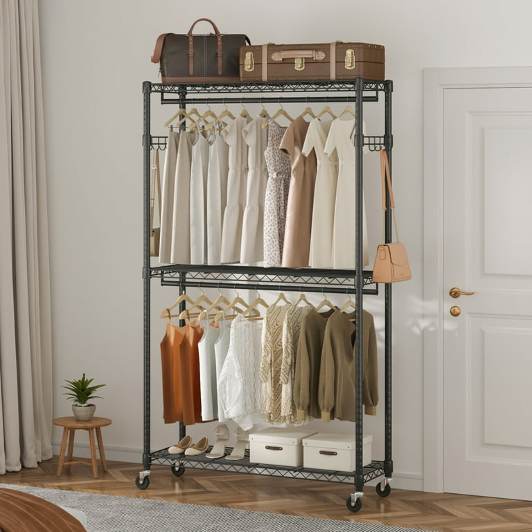 BENTISM Clothes Rack 3 Tiers 400 lbs Rolling Free-Standing Clothing Garment  Rack with 2 Rods Lockable Wheels and Side Hooks 45.7x17.7x80.3 in Black