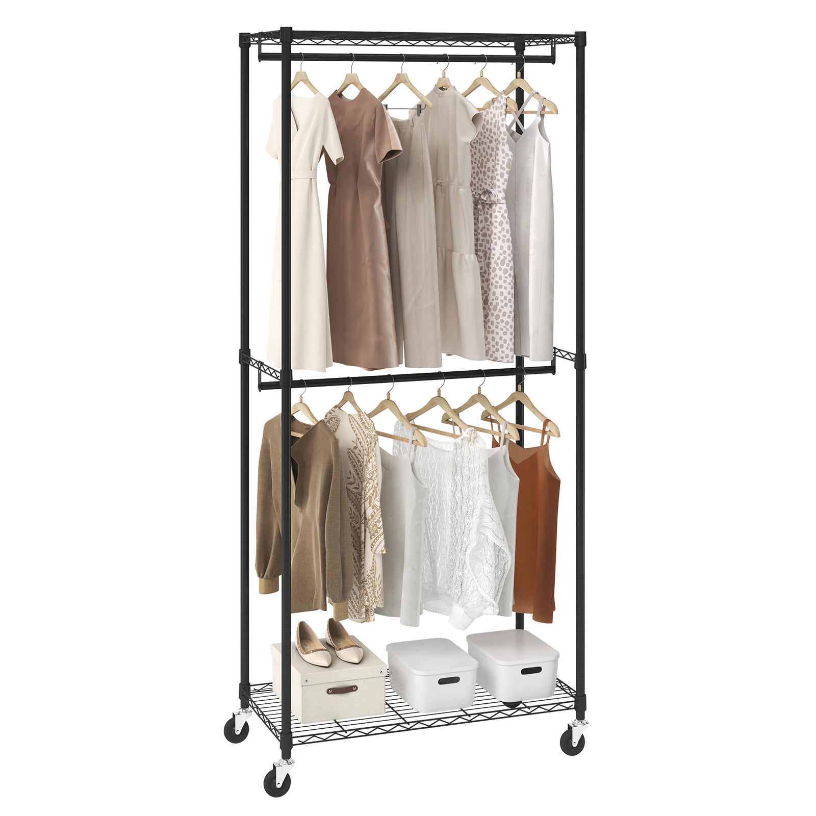 BENTISM Clothes Rack 300 lbs Double Hanging Garment Rack with Wheels