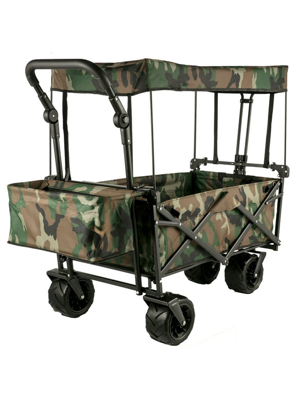BENTISM Collapsible Wagon Cart, Folding Utility Garden Cart with Removable Canopy 600D Oxford Cloth,Wide Large All Terrain Wheels,Adjustable Handles Beach Cart for Camping