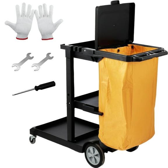VEVOR Commercial Janitorial Janitor Cart 3-Shelf 200 lbs Janitorial Trolley Cleaning Cart with 25 Gallons PVC Bag and Cover for Housekeeping