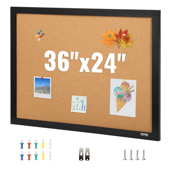 VEVOR Cork Board Bulletin Board 36" x 24" Notice Board with MDF Sticker Frame Cork Bulletin Board Wall Mounted Board for Office Home and School with 10 Push Pins