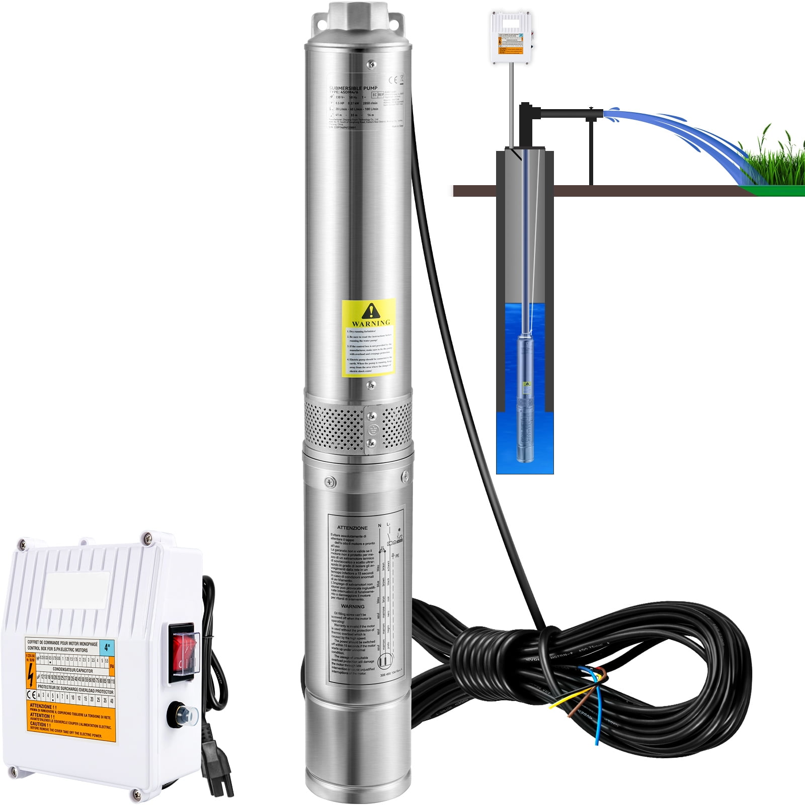 VEVOR Deep Well Submersible Pump, 2HP 230V/60Hz, 37GPM 427 ft Head, with 33 ft Cord & External Control Box, 4'' Stainless Steel Water Pumps for Industrial, Irrigation and Home Use, IP68 Waterproof