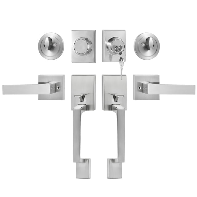 BENTISM Double Front Door Handle Set, Satin Nickel Square Door Lever
