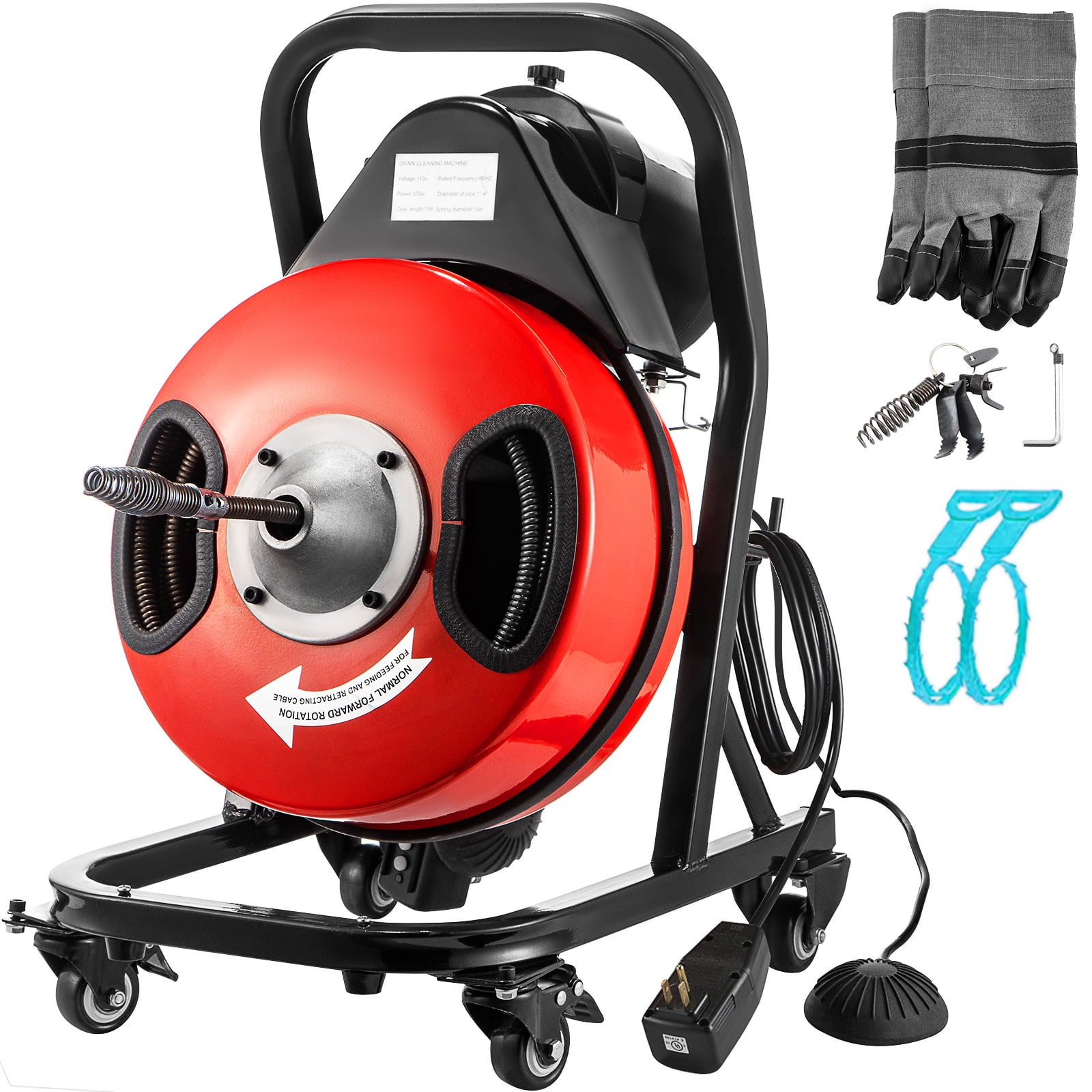 VEVOR Drain Cleaner Machine 50ft x1/2 in, 250W Electric Drain Cleaning Machine ,Drain Auger Cable w/Wheels
