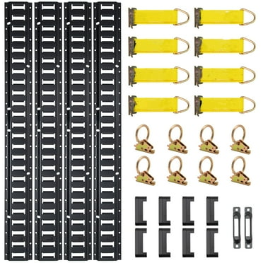 E-Track Tie-Down Rail Kit, 4 Pack 1.3 Ft E Tracks Set, 21 Pcs Includes 2 Ratchet Straps & 4 O-Rings & 4 Tie-Offs With D-Ring & 2 Single Slots & 8 End Caps & 1 Bag, Fit For Garages Vans Trailers