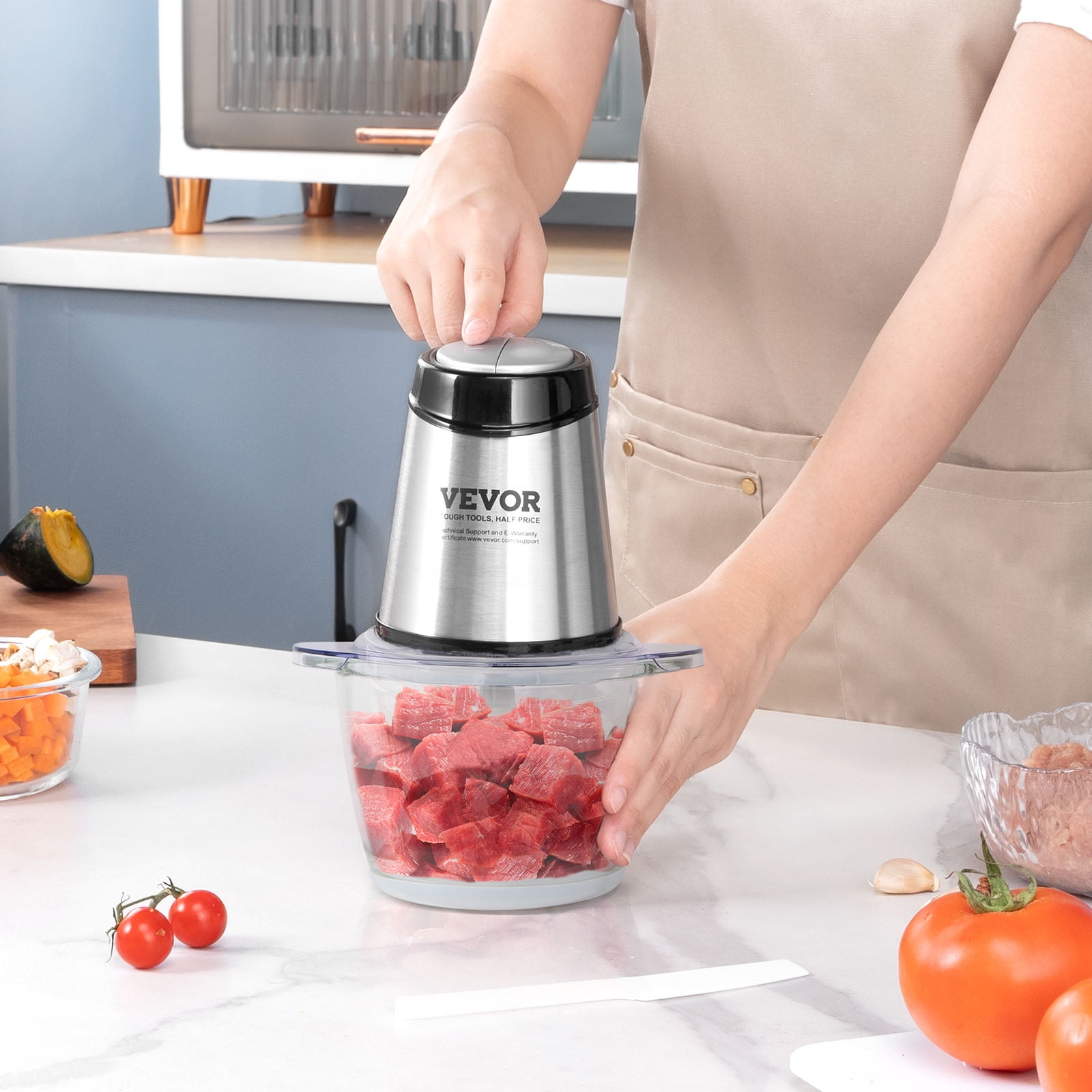 VEVOR Food Processor, Electric Meat Grinder with 4-Wing Stainless Steel Blades, 8 Cup+5 Cup Two Bowls, 400W Electric Food Chopper, 2 Speeds Food