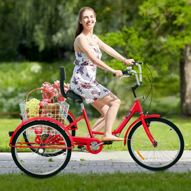 BENTISM Foldable Tricycle 24 inch Wheels 1 Speed Red Trike 3 Wheels Colorful Bike with Basket Portable and Foldable Bicycle for Adults Exercise