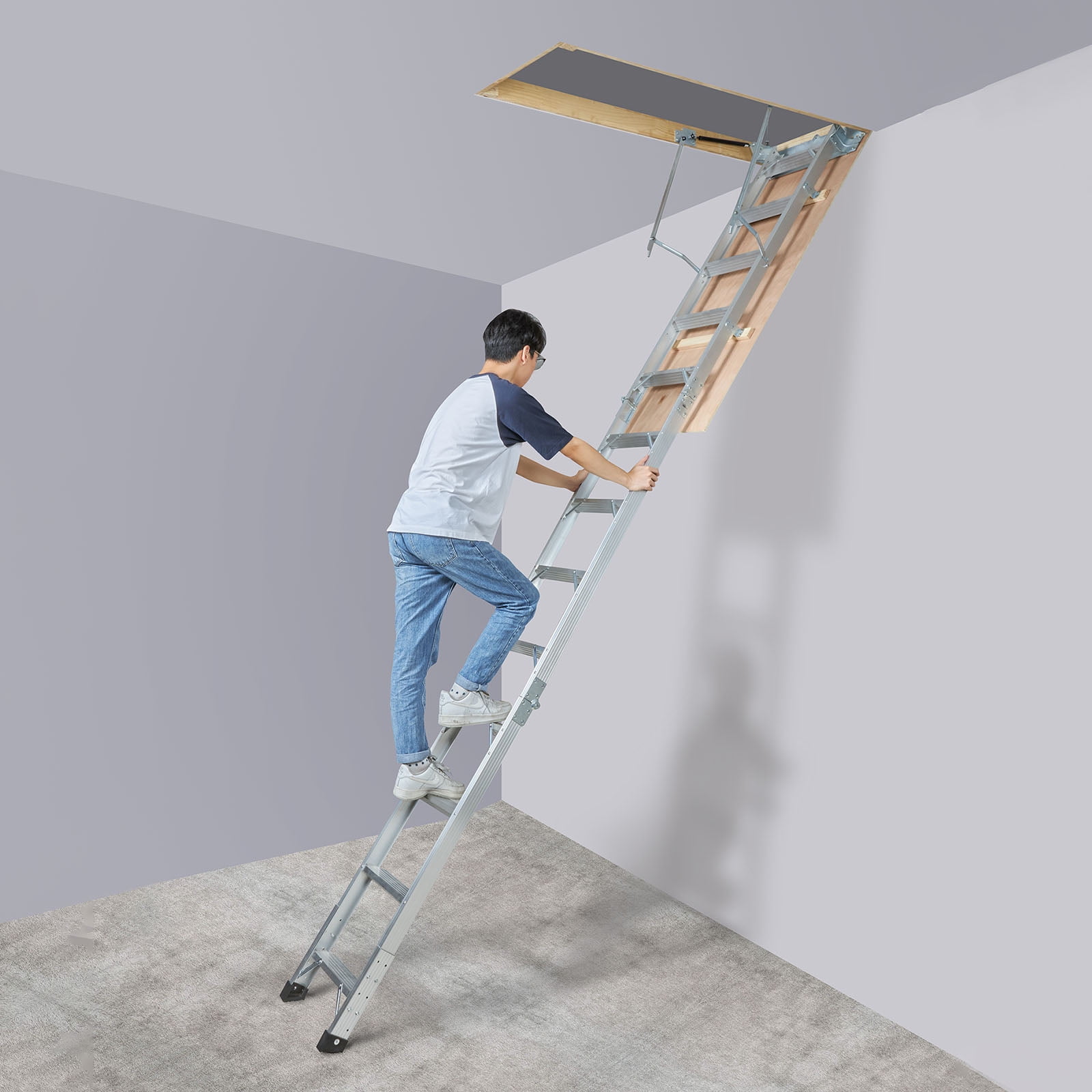 BENTISM Folding Attic Ladder Aluminum Adjustable Portable Loft Stairs  Ceiling 