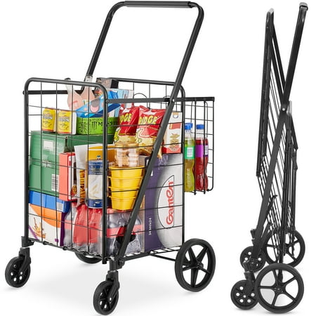 VEVOR Folding Shopping Cart 110 lbs Rolling Grocery Laundry Cart Utility Trolley with Double Baskets Swivel Wheels Adjustable Handle Black