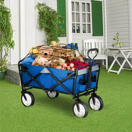 BENTISM Folding Wagon Cart Utility Collapsible Garden Wagon Cart 176 lbs w/ Adjustable Handle and Height Fixed Net For Camping, Fishing and Shopping Trips