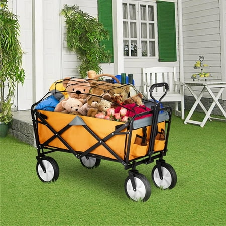 BENTISM Folding Wagon Cart Utility Collapsible Garden Wagon Cart 176 lbs w/ Adjustable Handle and Height Fixed Net For Camping, Fishing and Shopping Trips