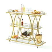 BENTISM Gold Bar Cart, 3 Tiers Home Bar Serving Cart with Lockable Wheels and Wine Rack Glass Holder, Rolling Wine Cart, Modern Wine Cart for Home Kitchen Dining and Living Room, 180 lbs