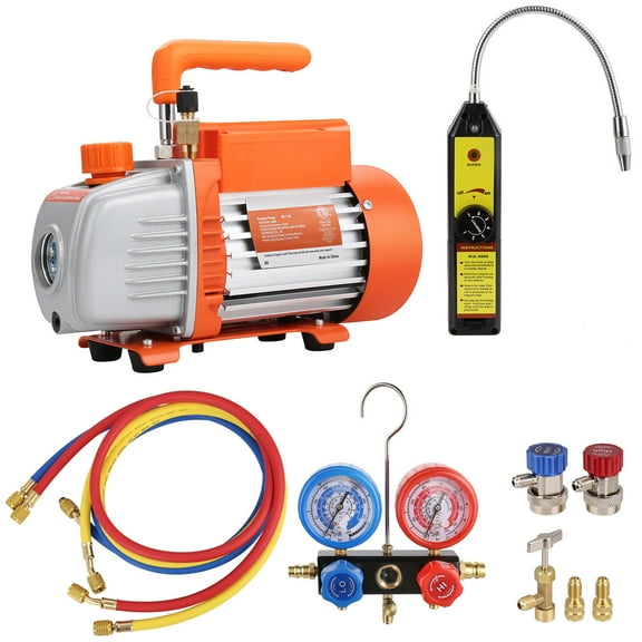 VEVOR HVAC Vacuum Pump 120 V 1/4 HP 4.5 CFM Single Stage Rotary Vane and Gauge Set Manifold Gauge Kit with Hose for R134a, R410a,and other refrigerants.