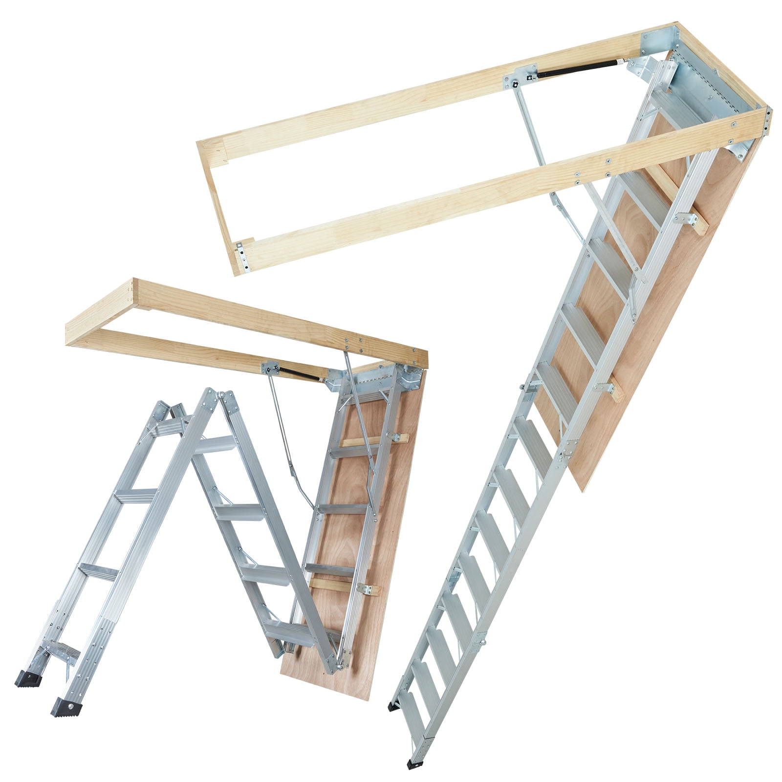 BENTISM Hydraulic Cushioned Descent Folding Attic Ladder Aluminum Alloy 50lb, with Height Support Legs, 50.71 lb