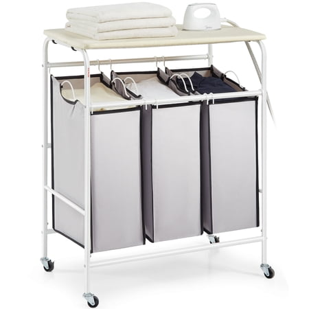 VEVOR Laundry Sorter Cart 3-Section Rolling Laundry Basket Organizer with Ironing Board Top & Removable 3 Bags White