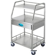 BENTISM Medical Trolley Mobile Rolling Serving Cart w/ 3 Tiers 1 Drawer Stainless Wheels