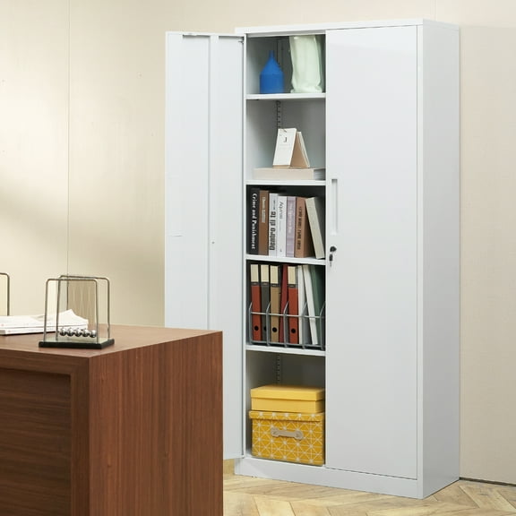 VEVOR Metal Storage Cabinet Garage Cabinets 71" Steel File Tool Organizer Cabinets w/ 3 Keys 4Adjustable Shelves & Magnetic Lockable Door for Office,Home,Garage,School,Warehouse White