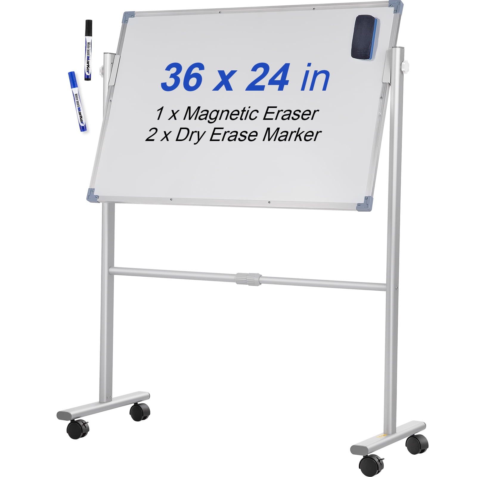 BENTISM Mobile Magnetic Whiteboard w/ Stand 36 x 24 Double Sided 360  Degree Reversible Rolling Dry Erase Board Height Adjustable with Aluminum  Frame