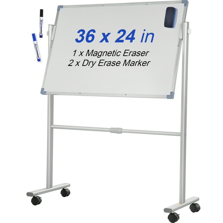 BENTISM Mobile Magnetic Whiteboard w/ Stand 36 x 24 Double Sided 360  Degree Reversible Rolling Dry Erase Board Height Adjustable with Aluminum  Frame and Lockable Swivel Wheels for Office School Home 