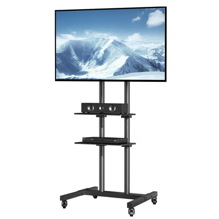 VEVOR Modern Rolling TV Stand Height Adjustable Mobile TV Cart Floor TV Stand with Projector Shelf 32"-70" TVs with Lockable Wheels & Double-Tiered Tray