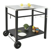 VEVOR Movable Outdoor Grill Dining Cart 2 Tier Pizza Oven Stand Worktable ,Multifunctional Kitchen Food Prep Table,33.5 x 21.7in Stainless Steel Table Top w/ 2 Wheels, Carry Handle